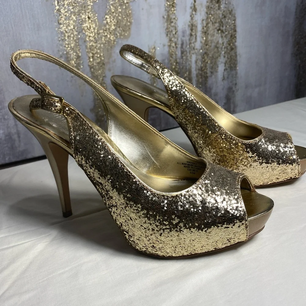 Nine West Women's Heels Glameron Gold Sparkle Metallic Slingback Size 6.5 - Picture 2 of 7